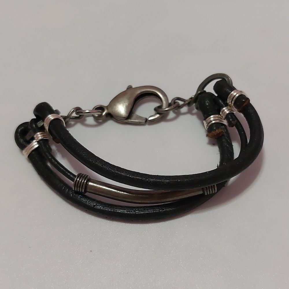Black Leather and Silver Tone Metal Punk Bracelet Small Wrist